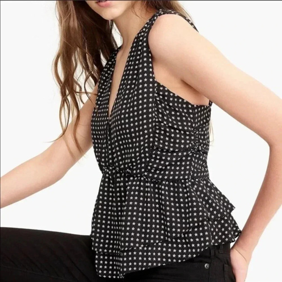 J. Crew Black V-Neck Star Print Peplum Top Blouse Size 2 - Picture 1 of 7